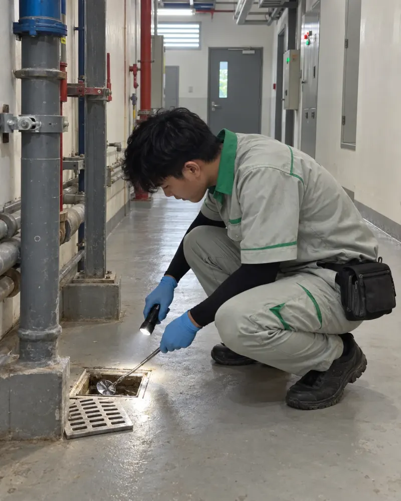 Kỹ thuật viên quỳ kiểm tra cống hành lang kỹ thuật bệnh viện