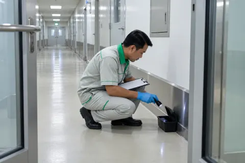 Kỹ thuật viên kiểm tra trạm bả hành lang kỹ thuật nhà máy dược, tay cầm bảng ghi