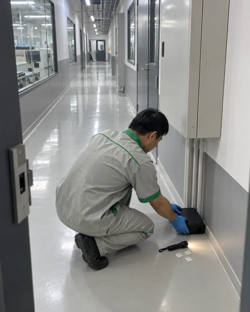 Kỹ thuật viên đặt trạm giám sát dọc hành lang xưởng điện tử