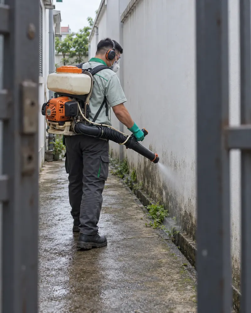 Kỹ thuật viên phun sương hẻm hông nhà phố