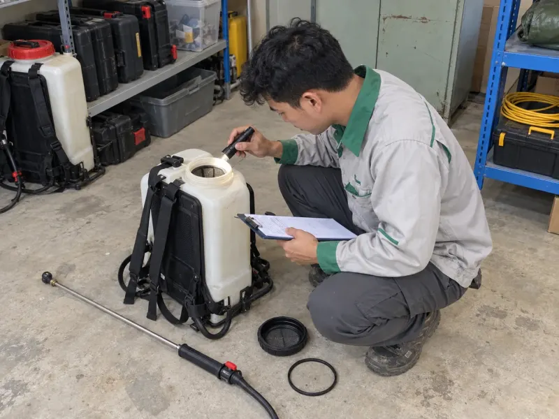Kỹ thuật viên hiệu chuẩn bình phun trước ca làm việc, có bảng ghi chép