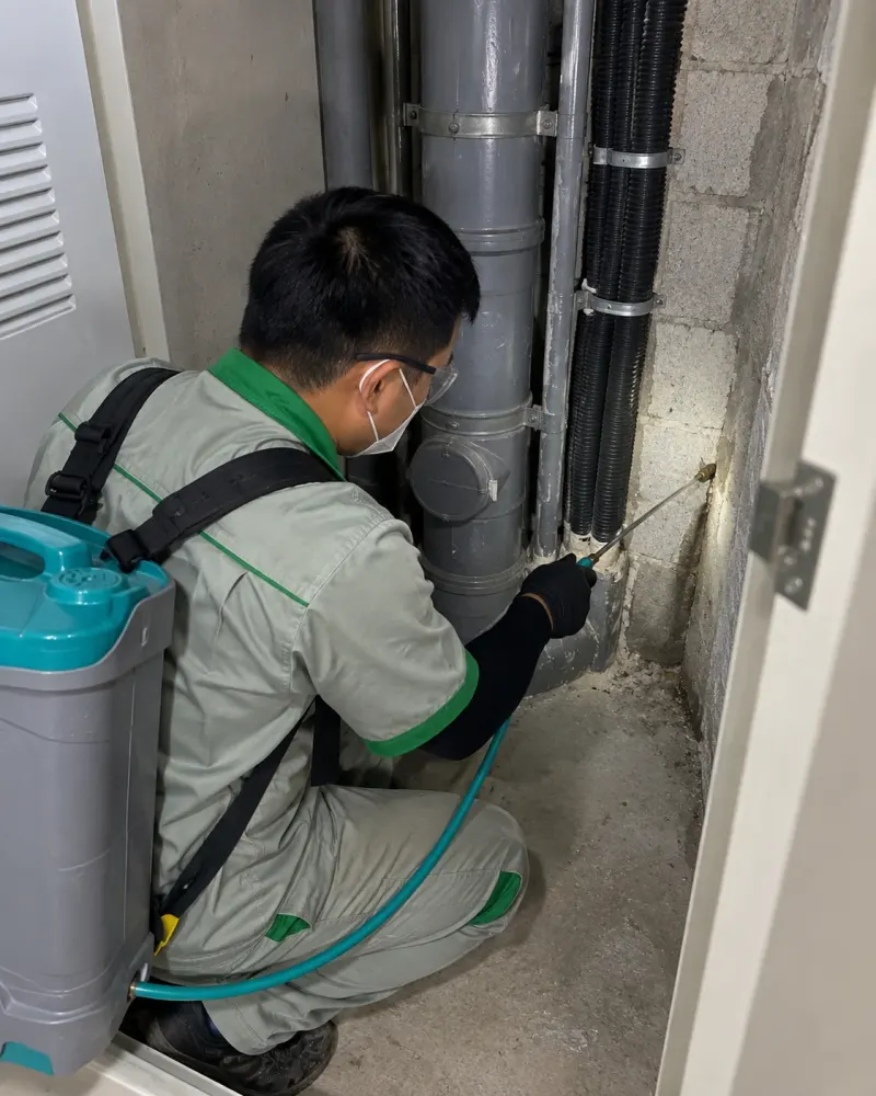 Kỹ thuật viên phun thuốc tồn lưu khe chân ống trong hộp trục kỹ thuật toà nhà