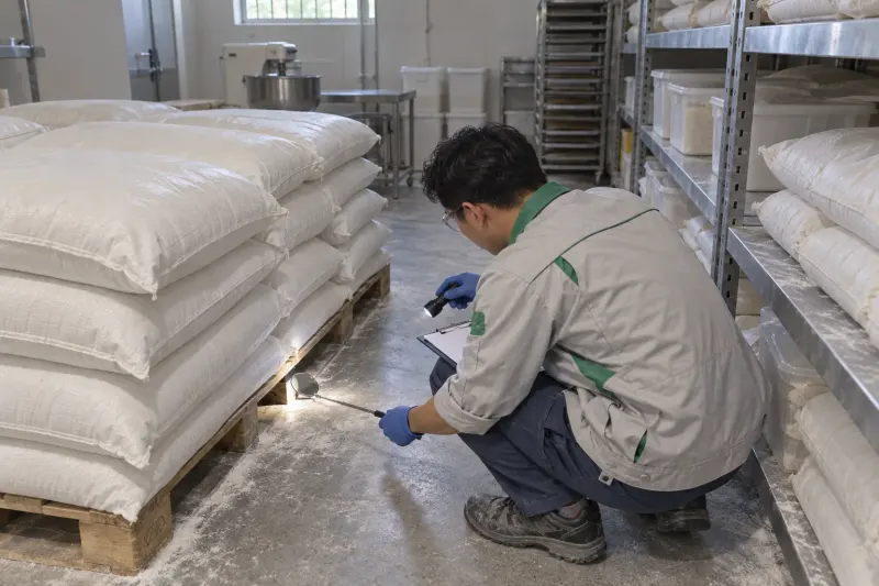 Kỹ thuật viên soi đèn kiểm tra dấu vết kệ bao bột tiệm bánh