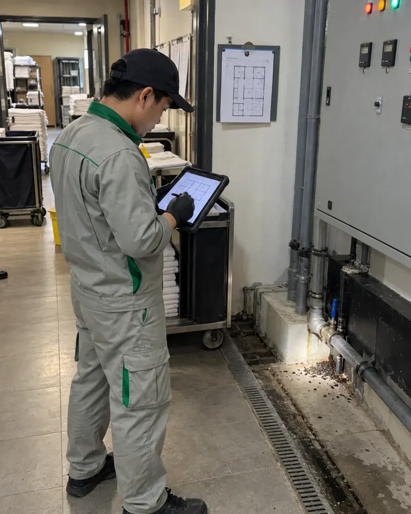 Kỹ thuật viên đánh dấu phòng có kiến lên sơ đồ tầng trên máy tính bảng ở khu phục vụ khách sạn