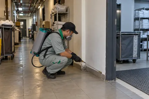 Kỹ thuật viên phun khe áp lực thấp dọc chân tường lối dịch vụ khách sạn