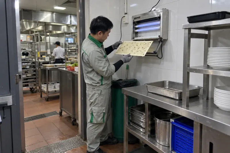 Kỹ thuật viên kiểm tra tấm keo đèn bắt ruồi ở bếp phụ khách sạn