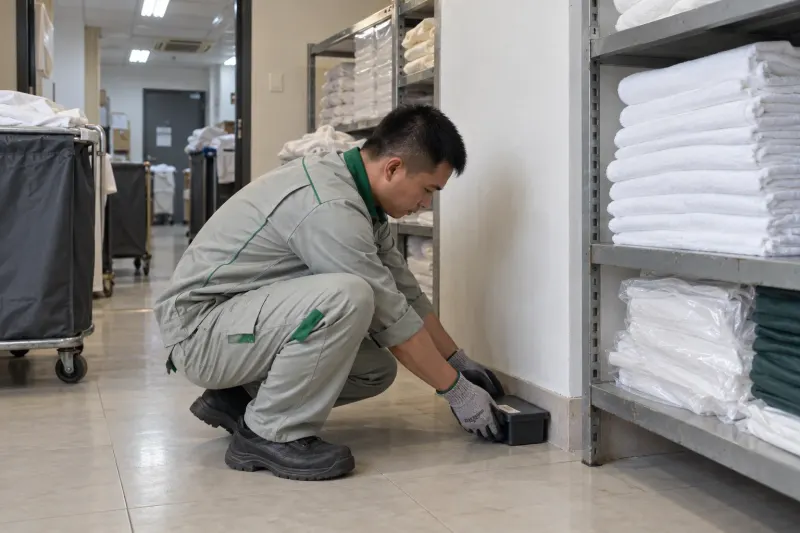 Kỹ thuật viên đặt bẫy giám sát ở góc kho đồ vải khách sạn
