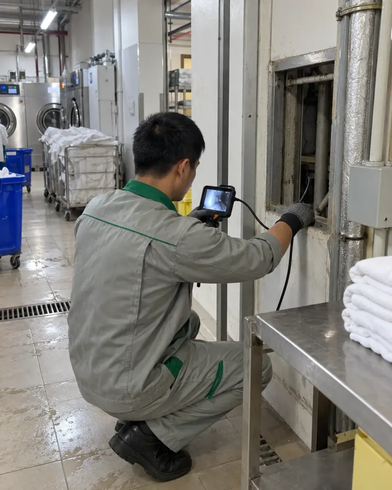 Kỹ thuật viên đưa camera nội soi vào hộp kỹ thuật phòng giặt khách sạn