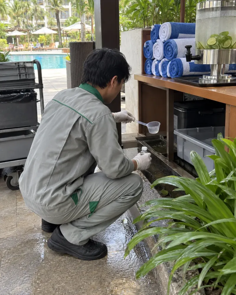 Kỹ thuật viên lấy mẫu lăng quăng ở khay nước khu hồ bơi khu nghỉ dưỡng