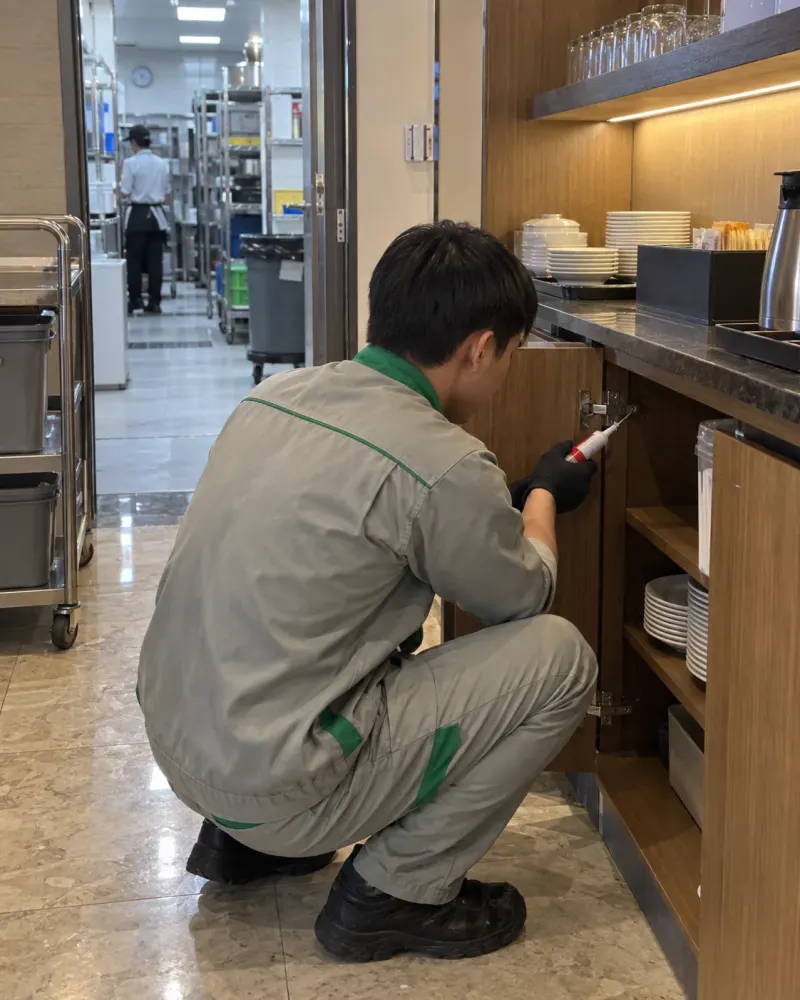 Kỹ thuật viên bơm gel diệt gián vào khe tủ pantry tầng khách sạn
