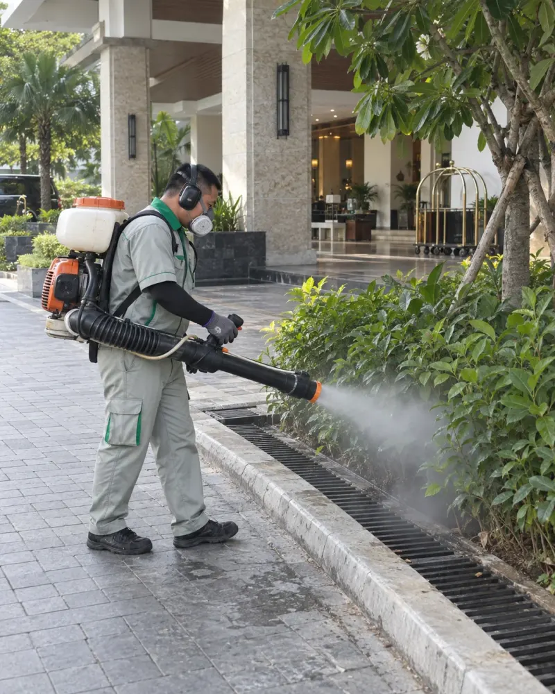 Kỹ thuật viên phun sương ngoại vi rãnh vườn ngoài sảnh khu nghỉ dưỡng