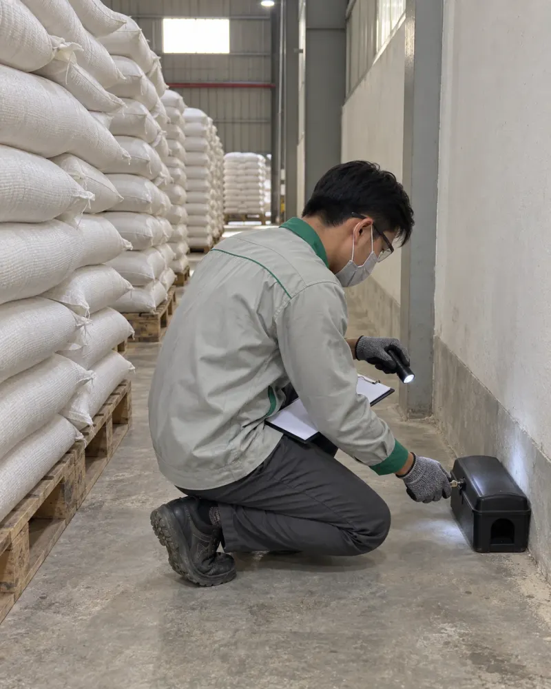 Kỹ thuật viên soi đèn mở hộp giám sát chuột dưới chân tường kho gạo, tay cầm phiếu kiểm