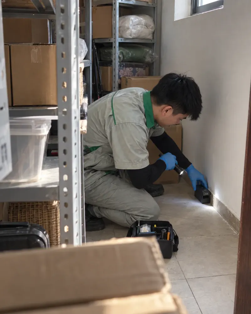 Kỹ thuật viên đặt trạm giám sát dưới kệ kho gia đình chứa thùng carton