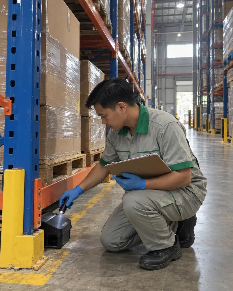 Kỹ thuật viên soi đèn kiểm tra trạm bả chân kệ cao kho hàng, tay cầm bảng ghi