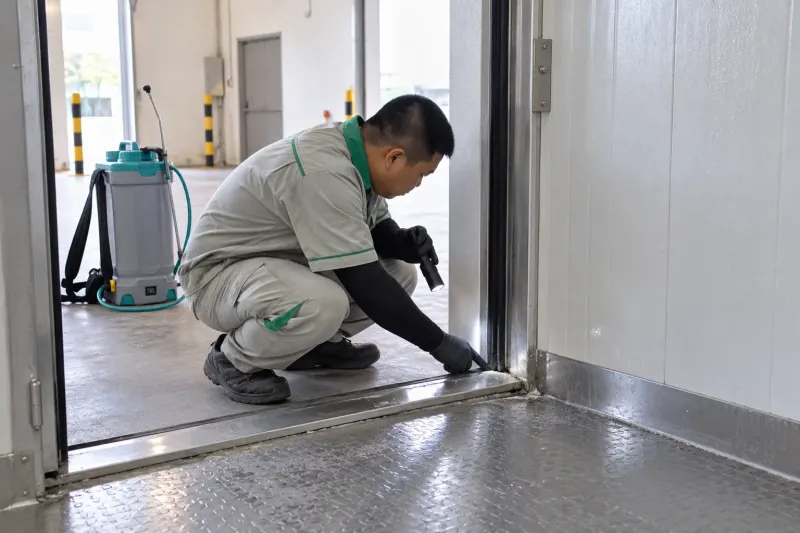 Kỹ thuật viên kiểm tra ngưỡng cửa kho lạnh, bình phun đặt bên cạnh