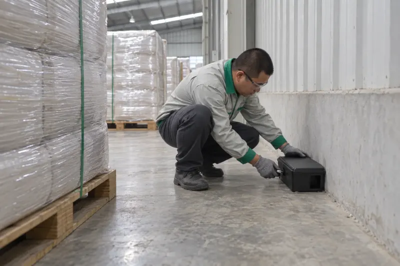 Kỹ thuật viên đặt hộp giám sát chuột cạnh pallet kho nguyên liệu