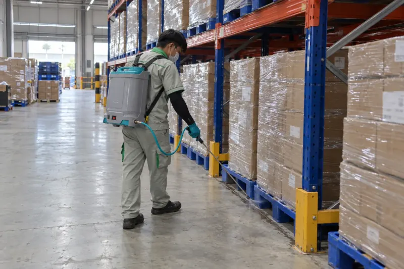 Kỹ thuật viên xử lý chân kệ pallet trong kho hàng thùng carton