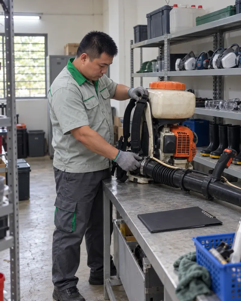 Kỹ thuật viên kiểm tra máy phun sương trong kho thiết bị