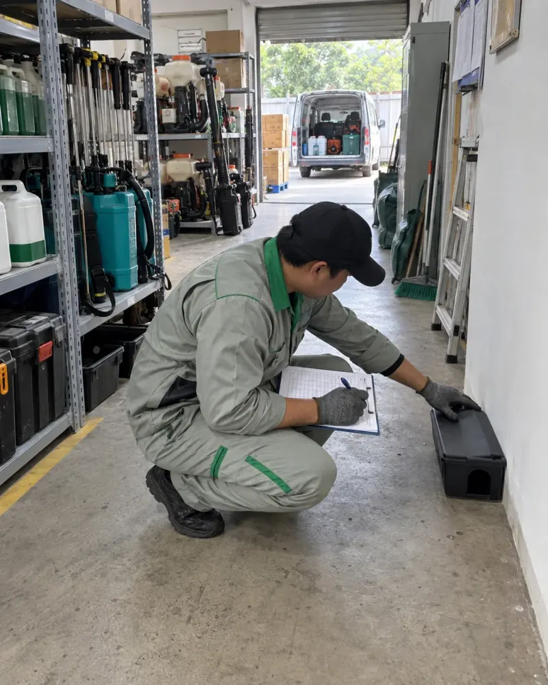 Kỹ thuật viên ghi chép trước khi xuất trạm bả chuột từ kho thiết bị