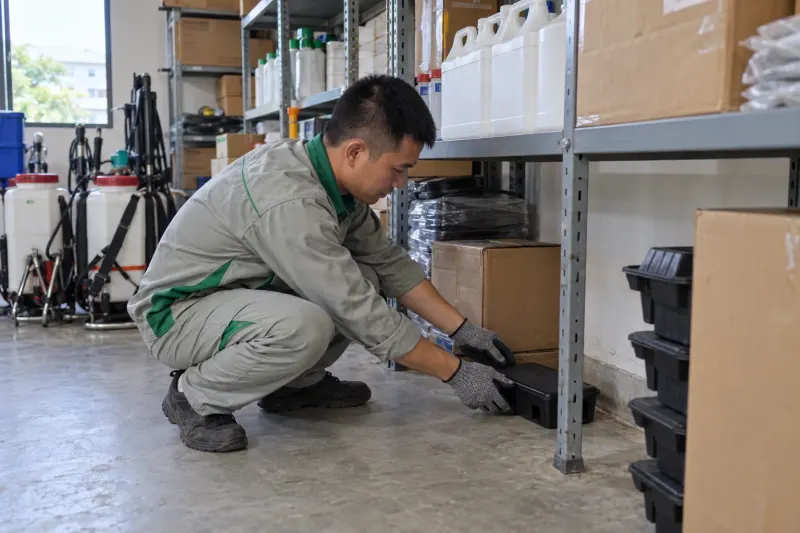 Kỹ thuật viên đặt bẫy giám sát ở góc kho vật tư
