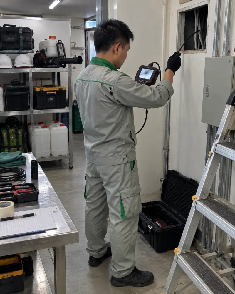 Kỹ thuật viên kiểm tra camera nội soi và dây dẫn trong kho thiết bị