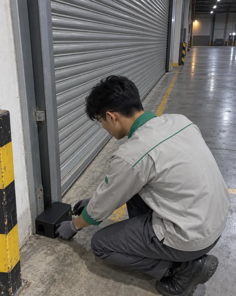 Kỹ thuật viên đặt hộp giám sát chuột cạnh cửa cuốn kho trung chuyển