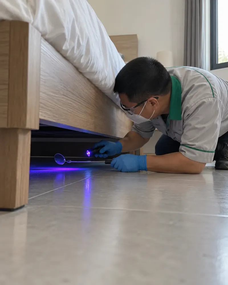 Kỹ thuật viên soi đèn UV kiểm tra khoang giường