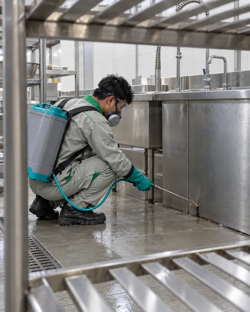 Kỹ thuật viên phun khe sàn khu rửa rau inox