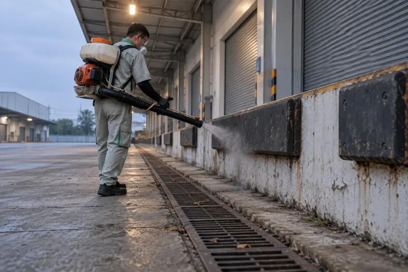 Kỹ thuật viên phun sương rãnh thoát nước loading bay nhà máy