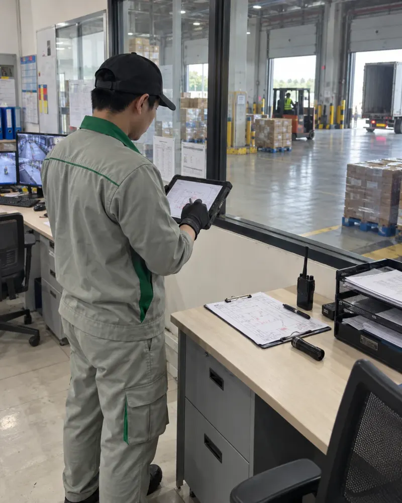 Kỹ thuật viên ghi nhận trên máy tính bảng tại bàn điều phối logistics
