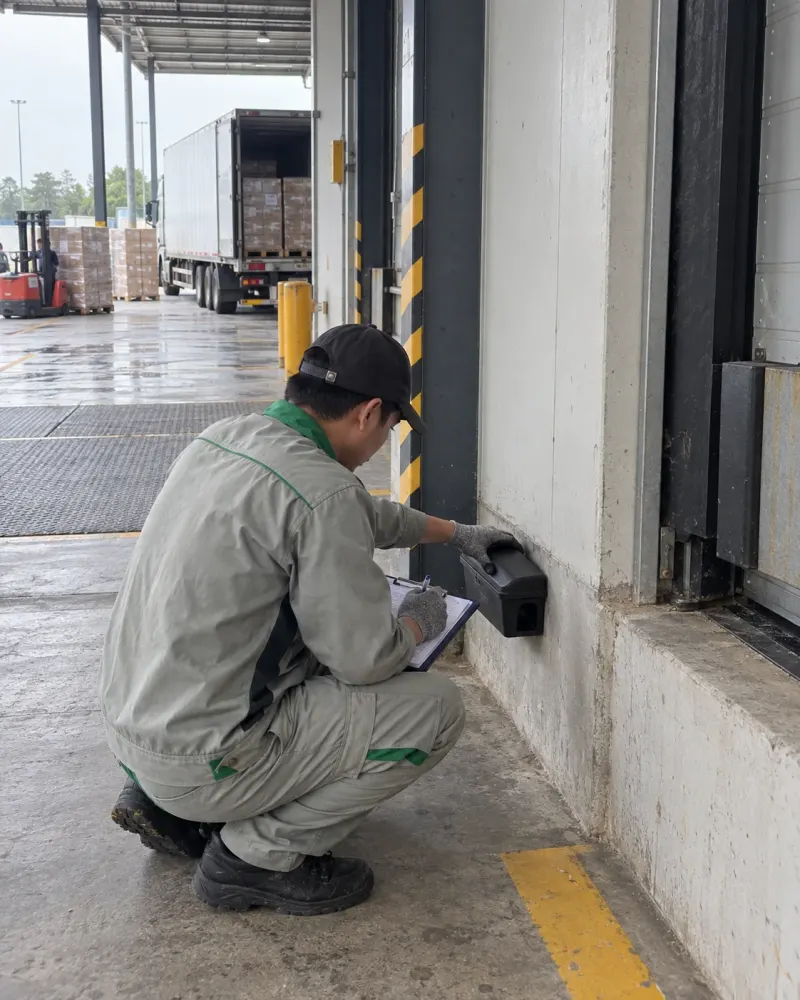 Kỹ thuật viên đặt trạm bả chuột cạnh cửa dock xe tải kho logistics