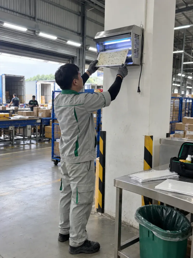 Kỹ thuật viên kiểm tra tấm keo đèn bắt ruồi ở khu chia hàng kho logistics