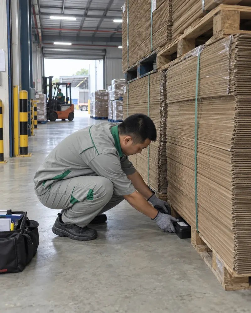 Kỹ thuật viên đặt bẫy giám sát ở góc kho bao bì logistics