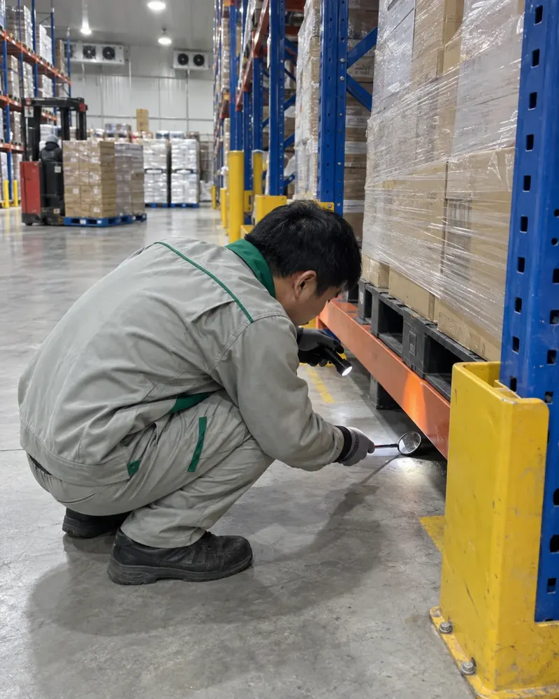 Kỹ thuật viên soi đèn pin khe chân kệ trung chuyển kho logistics