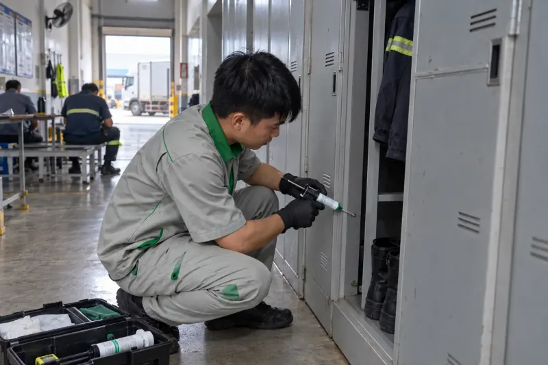 Kỹ thuật viên bơm gel diệt gián vào khe tủ phòng nghỉ tài xế
