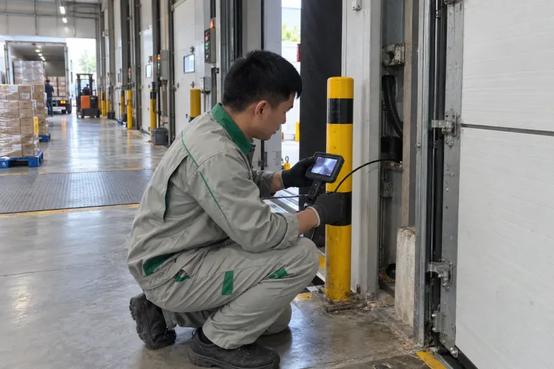Kỹ thuật viên đưa camera nội soi vào khoang kỹ thuật cửa kho lạnh