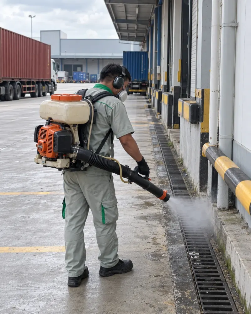 Kỹ thuật viên phun sương ngoại vi rãnh sân container