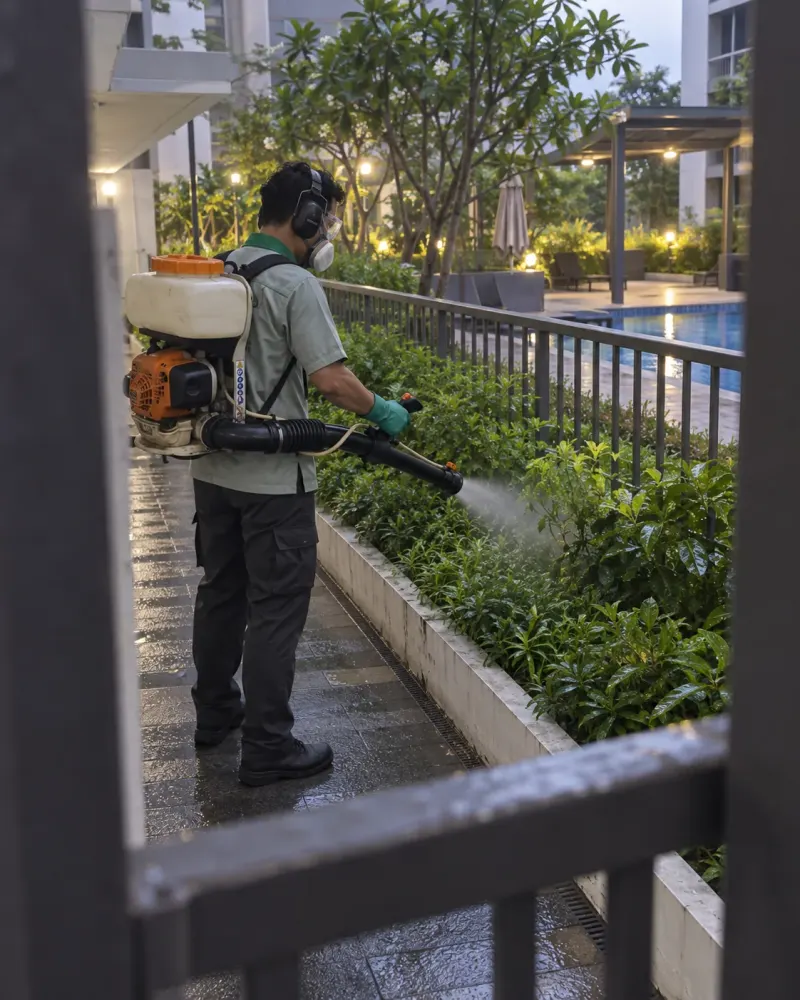 Kỹ thuật viên phun sương lối đi cạnh hồ bơi chung cư