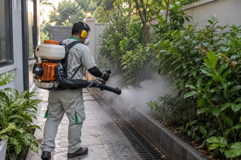 Kỹ thuật viên phun sương lối đi sân vườn có cây xanh