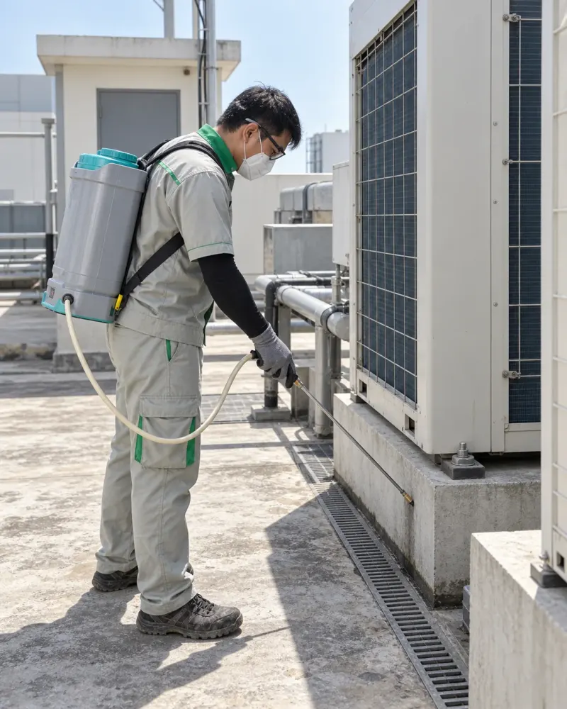 Kỹ thuật viên xử lý khe chân dàn nóng máy lạnh trên mái