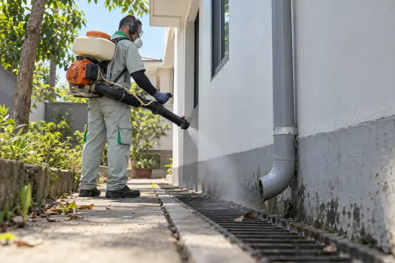Kỹ thuật viên phun sương máng xối nước mưa và rãnh sân nhà
