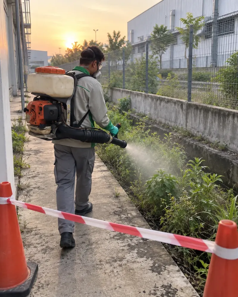 Kỹ thuật viên phun sương mương nhà máy có cọc tiêu và dây cảnh báo