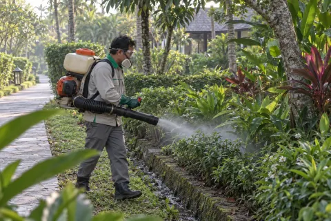 Kỹ thuật viên phun sương mương vườn resort có cây nhiệt đới