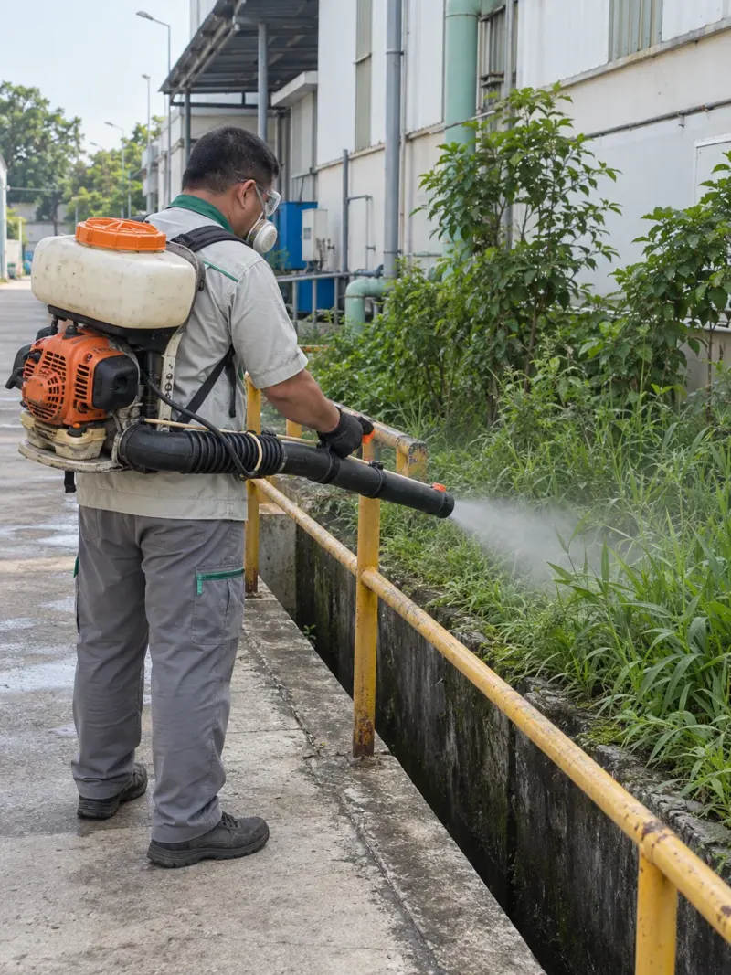 Kỹ thuật viên phun sương mương xưởng nhuộm có lan can vàng