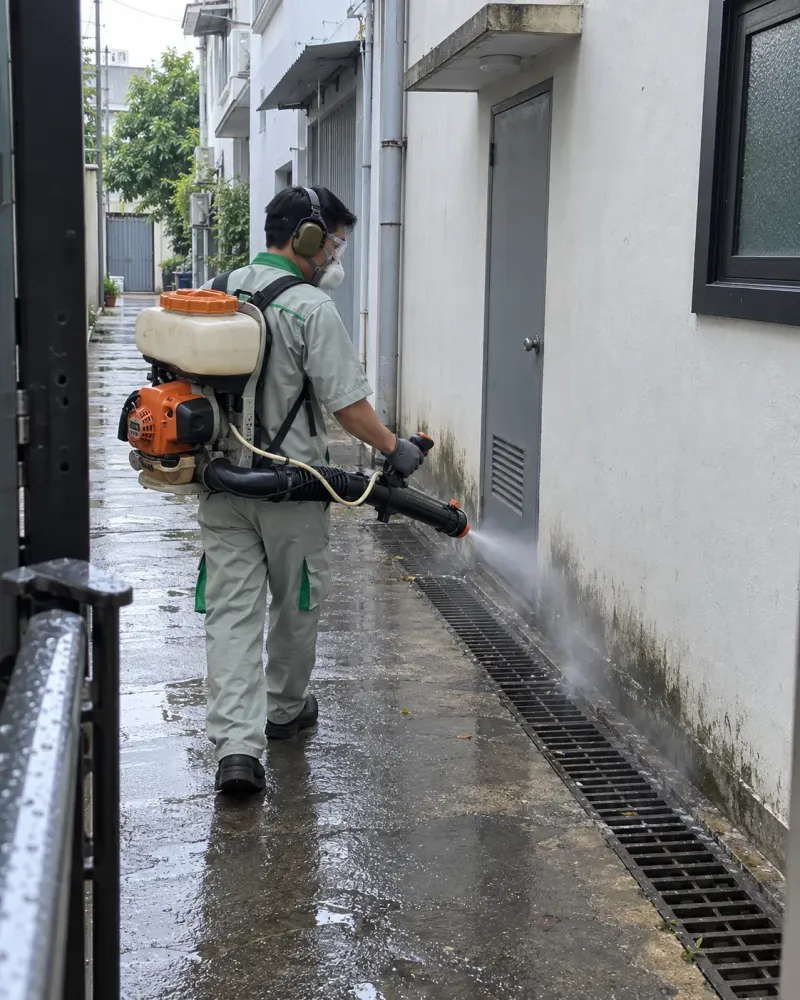 Kỹ thuật viên phun sương rãnh cống trong ngõ nhà phố