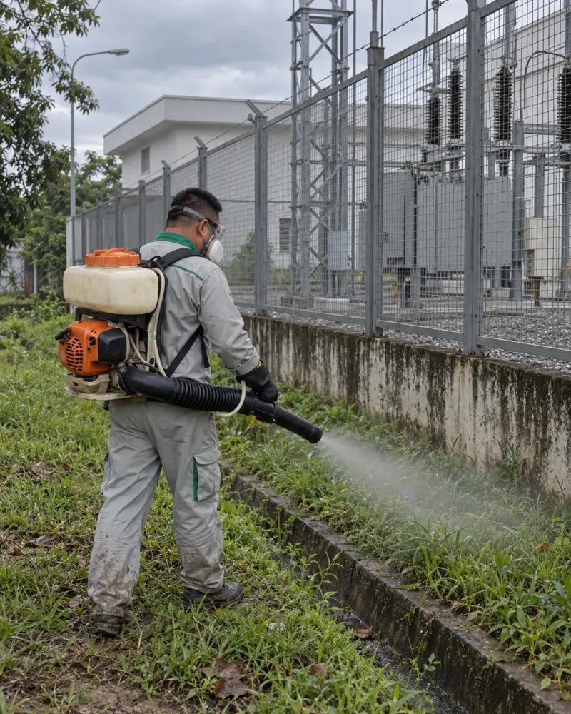 Kỹ thuật viên phun sương ngoại vi trạm điện có hàng rào lưới