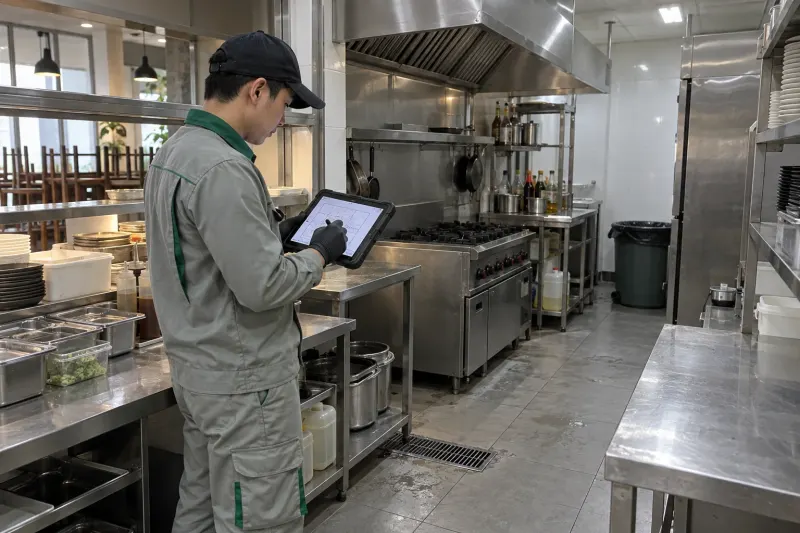 Kỹ thuật viên ghi nhận sơ đồ bếp nhà hàng trên máy tính bảng khi bàn giao ca