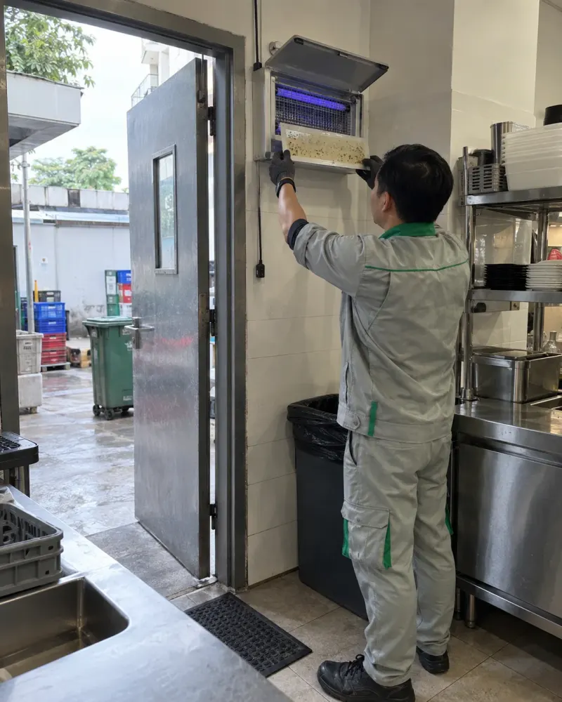 Kỹ thuật viên kiểm tra tấm keo đèn bắt ruồi ở cửa sau bếp nhà hàng