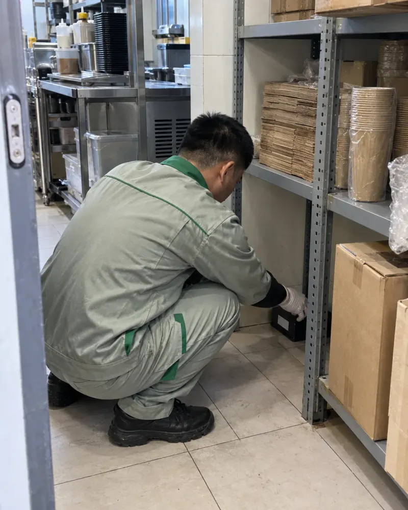 Kỹ thuật viên đặt bẫy giám sát ở góc kho bao bì tiệm bánh