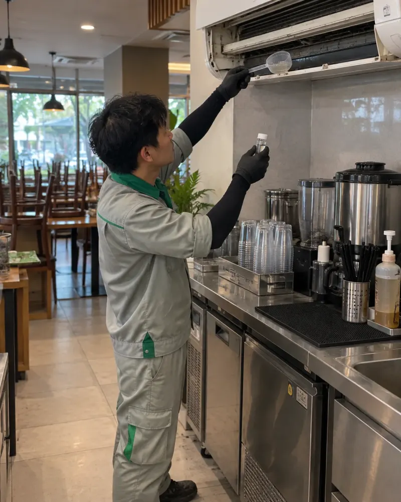 Kỹ thuật viên lấy mẫu lăng quăng ở khay nước máy lạnh quán cà phê